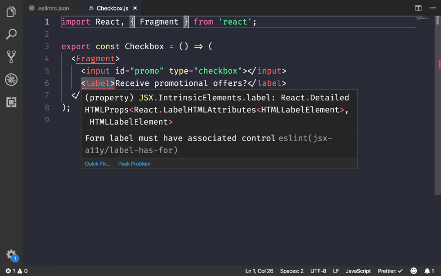 ภาพหน้าจอของเครื่องมือแก้ไขโค้ดที่มีปัญหาการช่วยเหลือพิเศษซึ่ง eslint-plugin-jsx-a11y แจ้งว่าไม่เหมาะสม