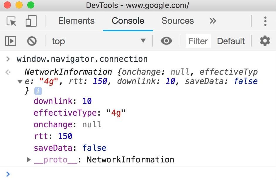 navigator.connection 객체 속성의 값을 표시하는 Chrome DevTools 콘솔