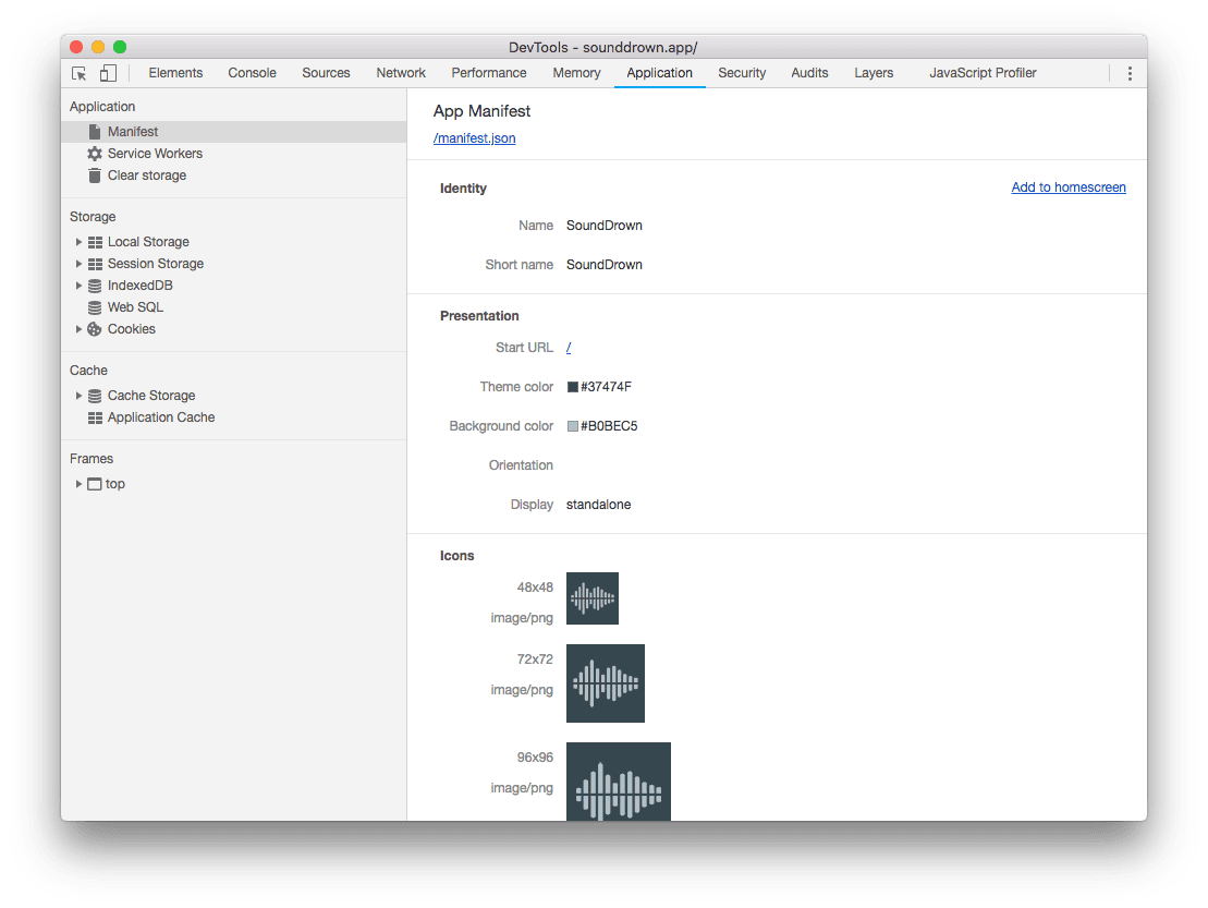 매니페스트 탭이 선택된 Chrome DevTools의 애플리케이션 패널