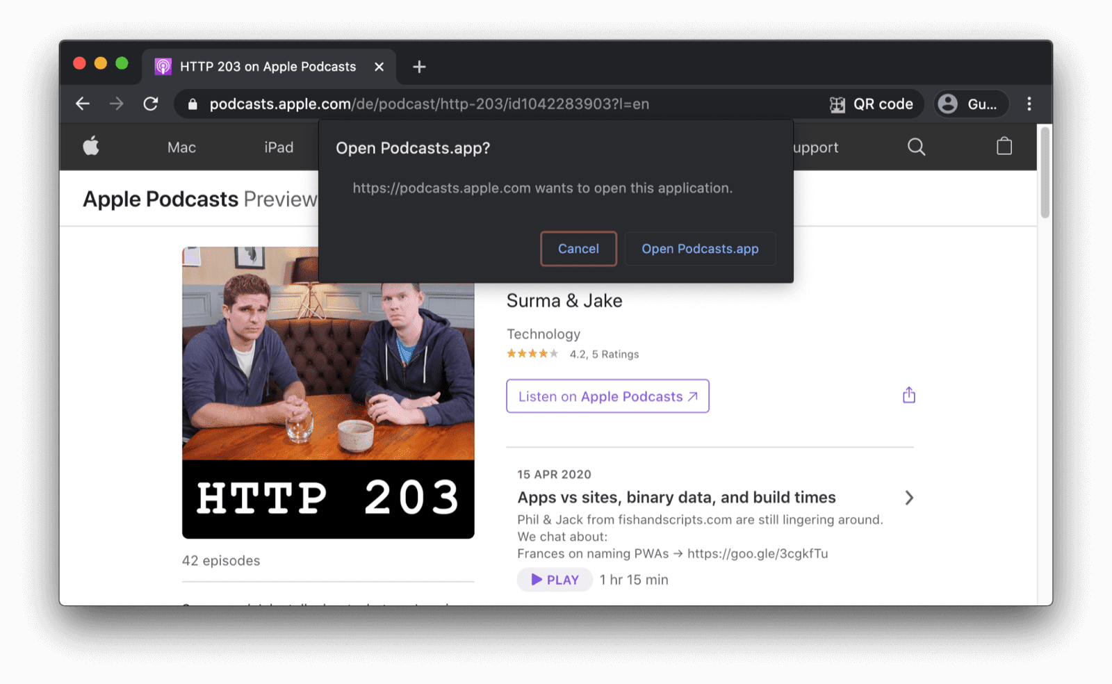 Podcasts アプリを開くかどうかをユーザーに尋ねる確認ダイアログが表示されている Chrome ブラウザ。