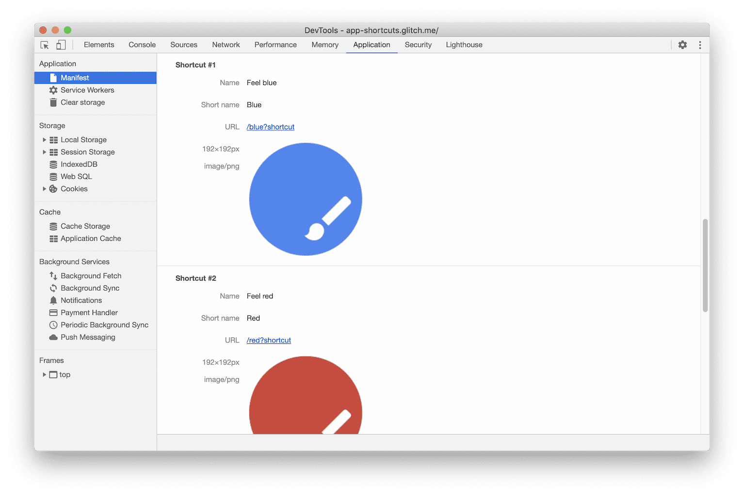 Screenshot of app shortcuts in DevTools