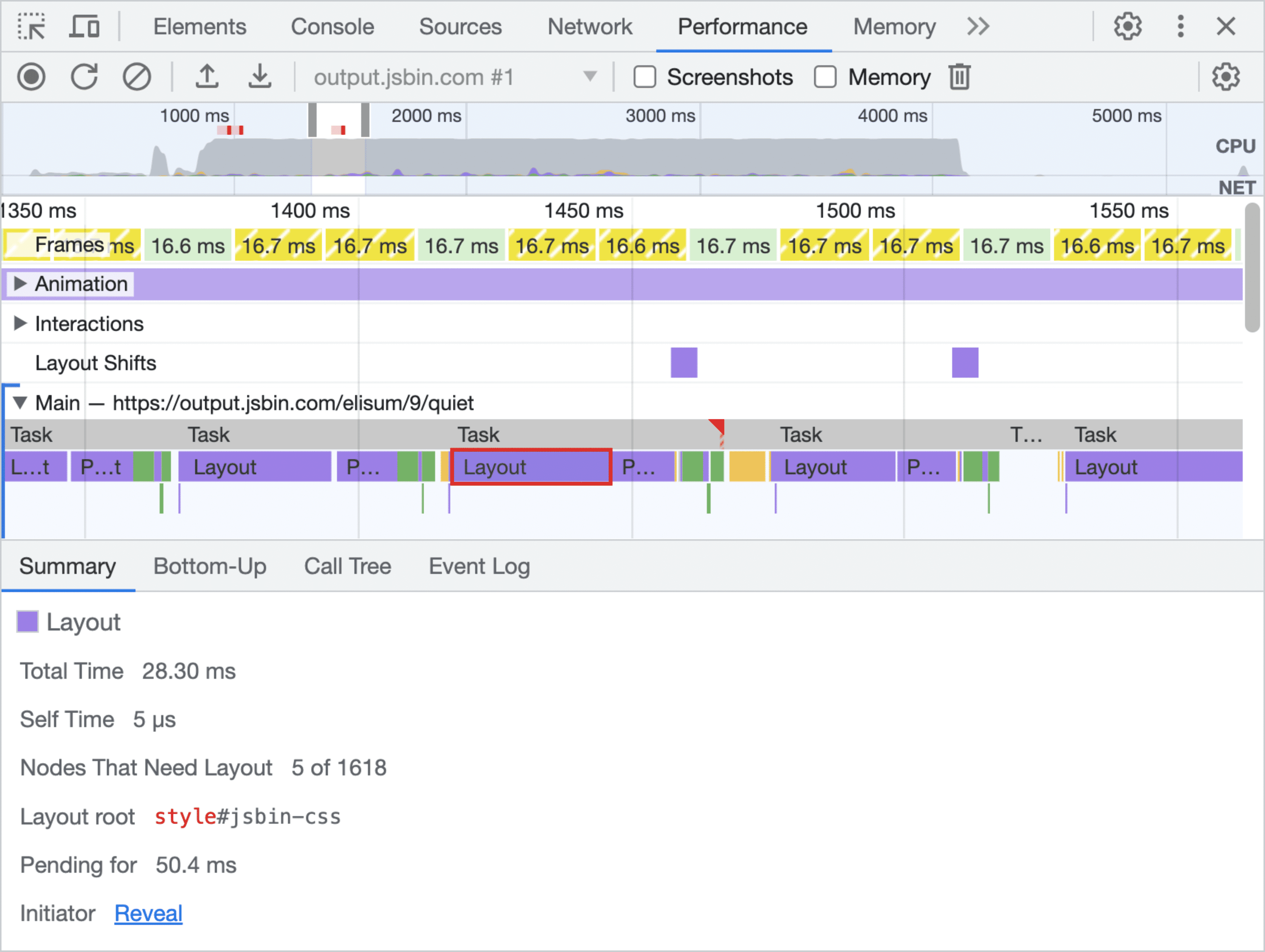 Les outils de développement affichent un temps long dans la mise en page.