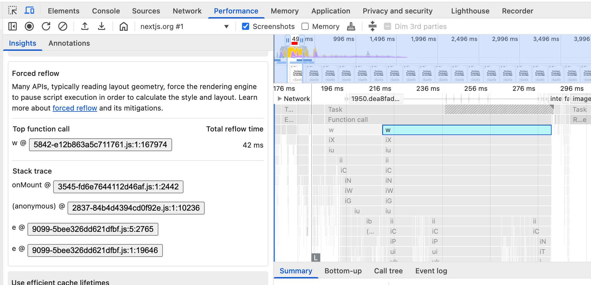 显示强制重新流布局数据分析的 DevTools,其中指出导致强制重新流布局的函数是名为“w”的函数。