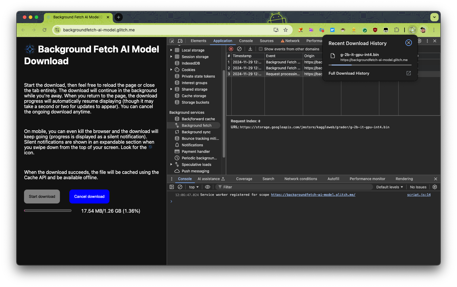 Riquadro dell&#39;applicazione di Chrome DevTools aperto per il download di Background Fetch.