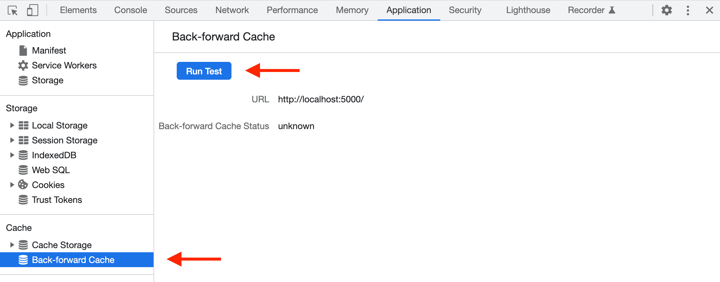 Panel cache kembali-ke-depan di DevTools