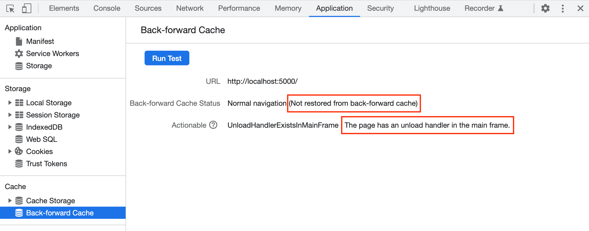 Outils de développement signalant l&#39;échec de la restauration d&#39;une page à partir de bfcache