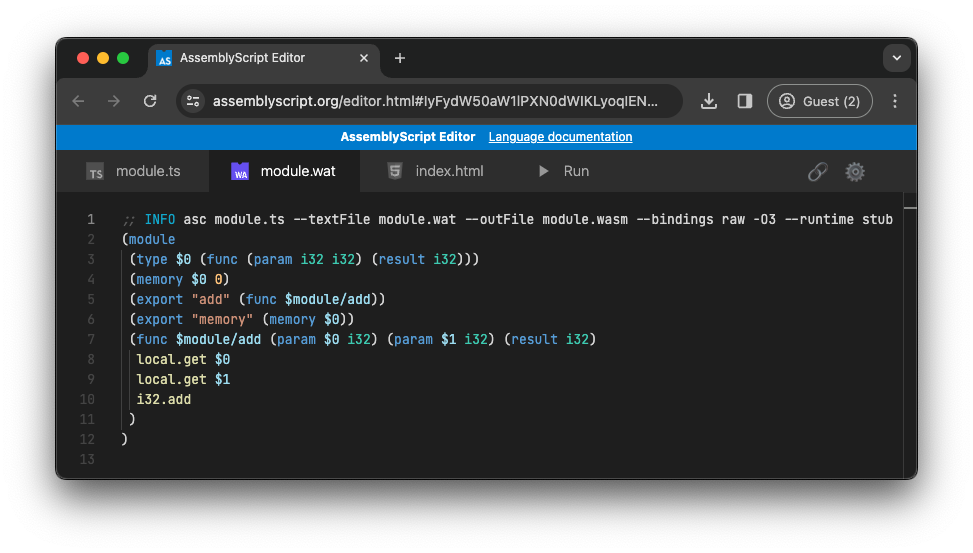 Önceki örneğe göre oluşturulan WebAssembly kodunu gösteren AssemblyScript oyun alanı.