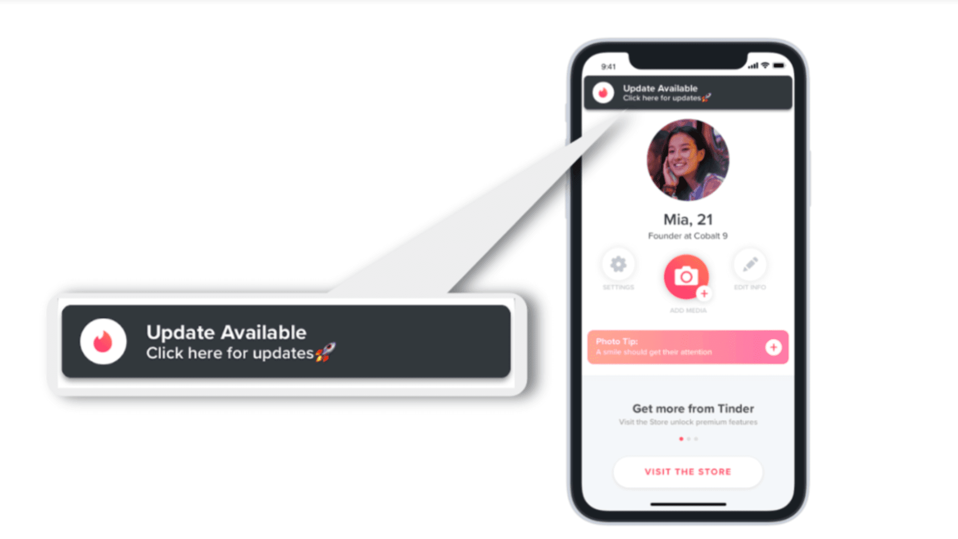 Tinder のウェブアプリの「アップデートが利用可能」機能のスクリーンショット。