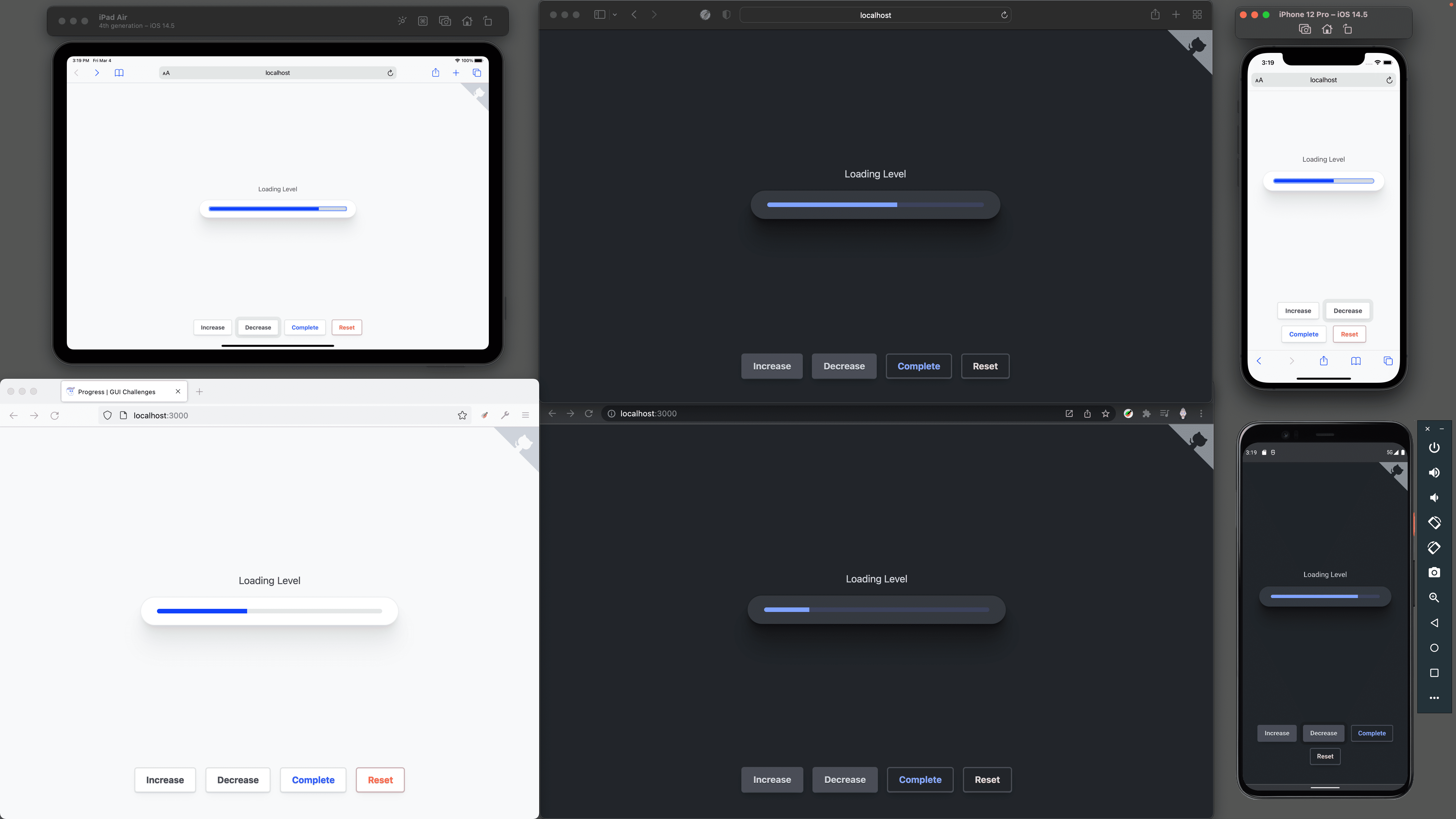 Screenshot Debugging Corner yang menampilkan status pengisian progres di Safari, iOS Safari, Firefox, Chrome, dan Chrome di Android.