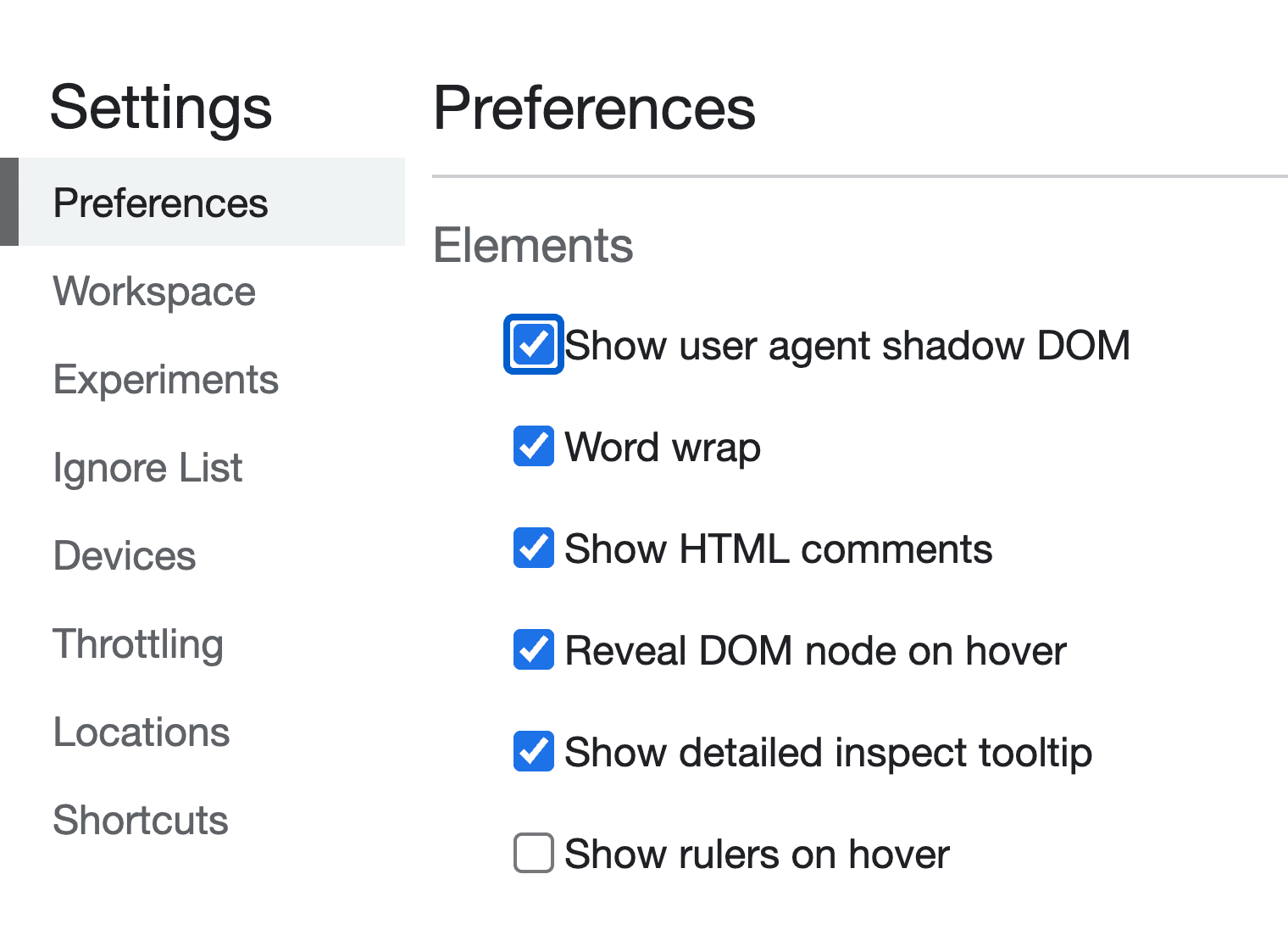 Captura de pantalla de dónde se debe habilitar en DevTools la exposición del shadow DOM del usuario-agente.