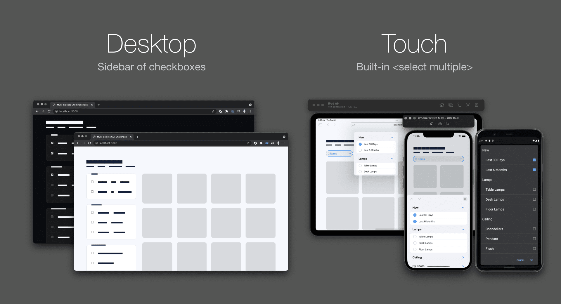 Capture d&#39;écran de comparaison montrant le thème clair et sombre pour ordinateur avec une barre latérale de cases à cocher, par rapport aux versions iOS et Android pour mobile avec un élément de sélection multiple.