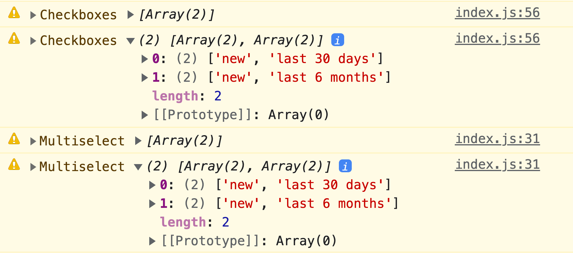 開發人員工具 JavaScript 控制台的螢幕截圖，顯示目標、經過標準化的資料結果。