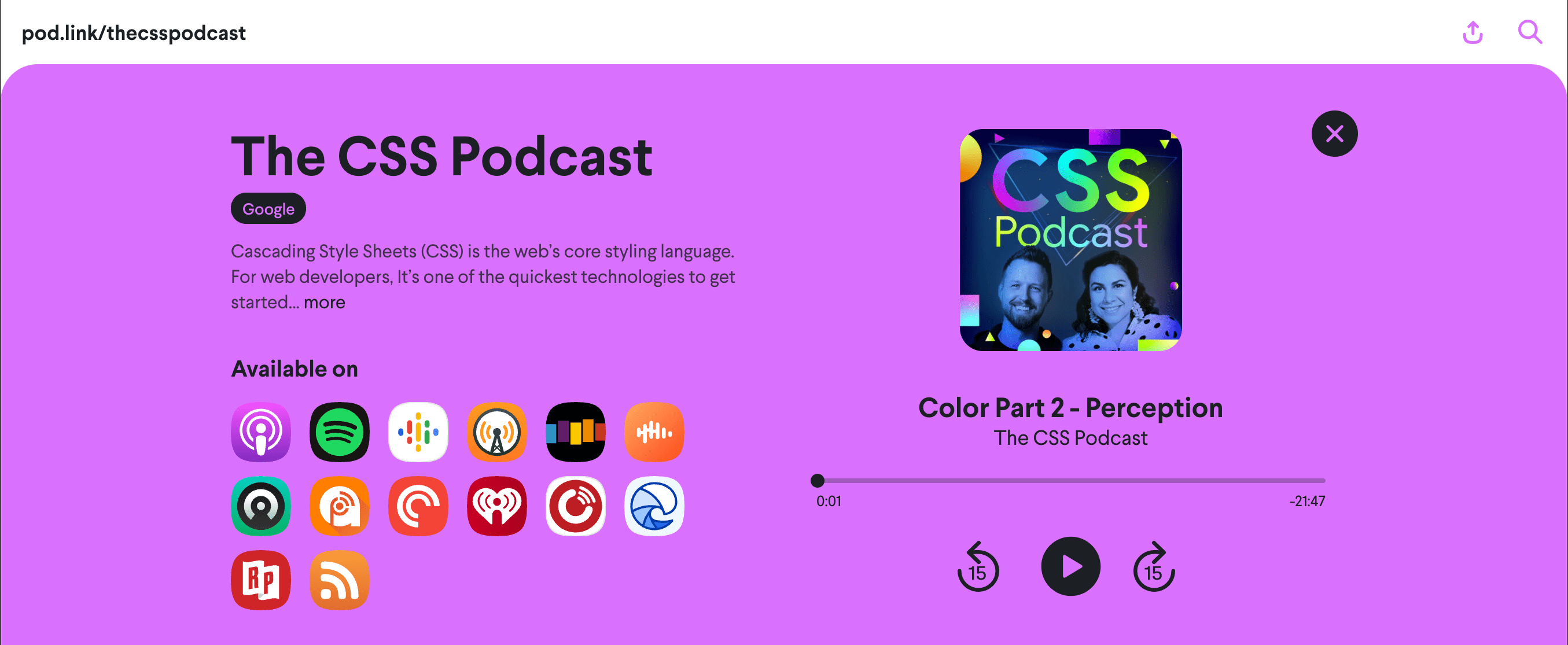 Screenshot halaman web pod.link/csspodcast, dengan episode Warna 2: Persepsi yang ditampilkan