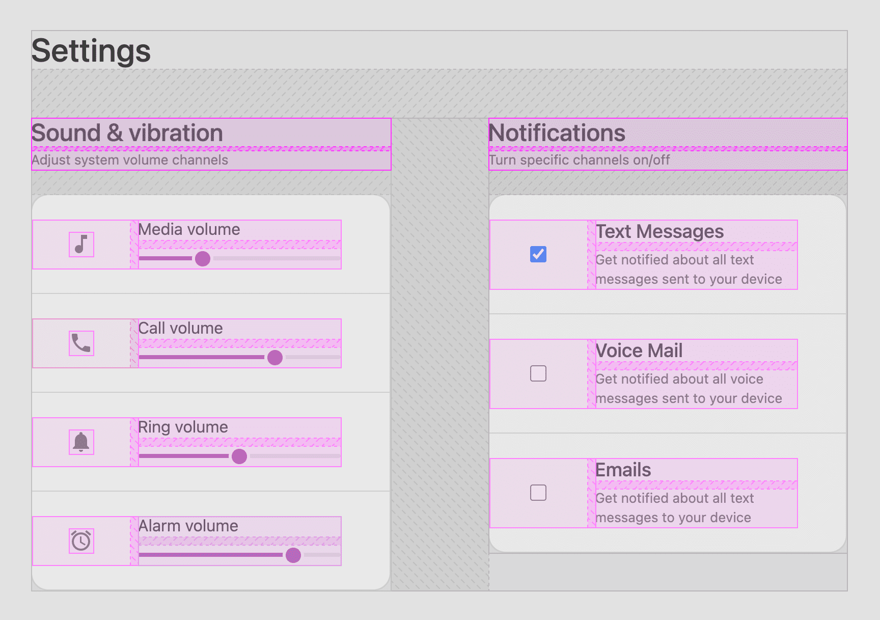 Farbige Umrisse und Überlagerungen für Lücken, die alle Felder im Layout der Einstellungen zeigen