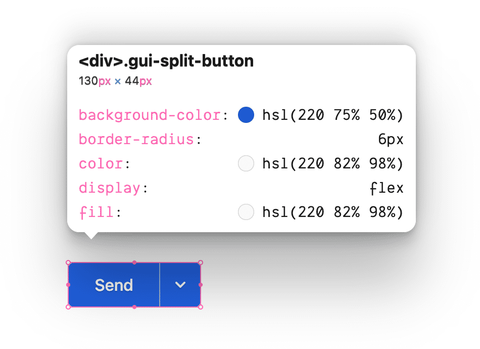 Class gui-split-button diperiksa dan menampilkan properti CSS yang digunakan di class ini.