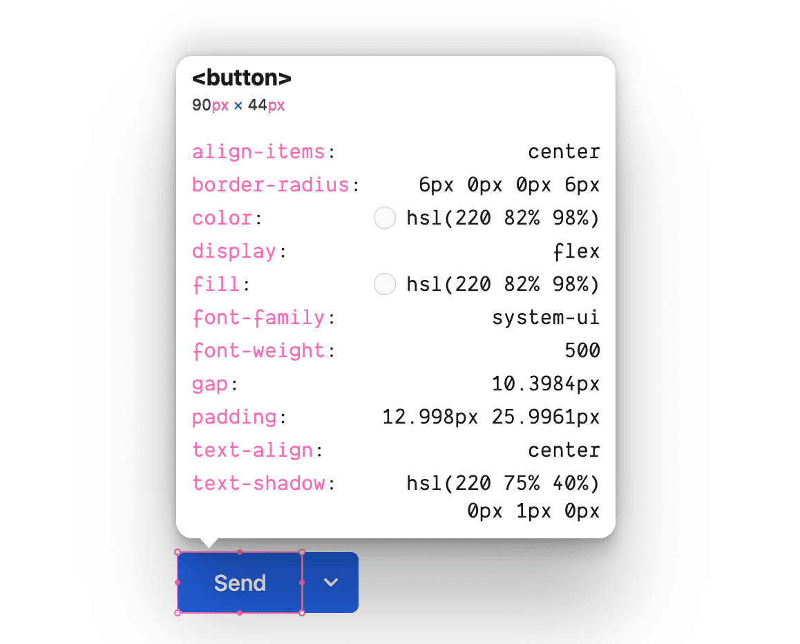 The inspector showing the CSS rules for the button element.