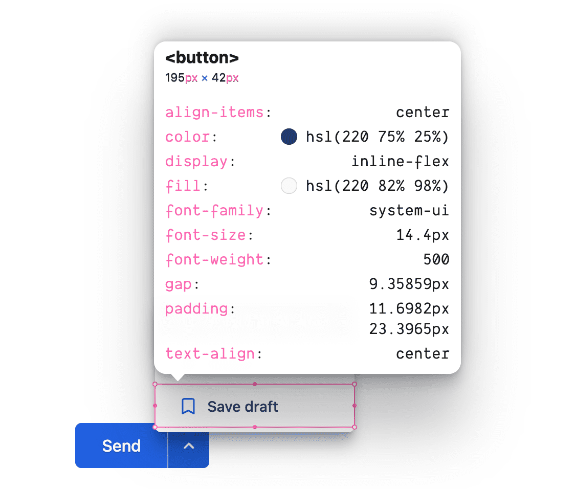 Düğme öğesinin CSS kurallarını gösteren denetleyici.