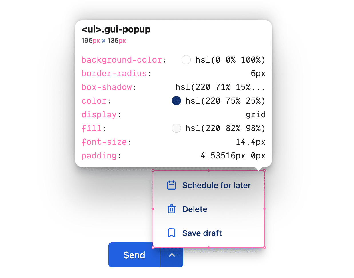 بازرس قوانین CSS را برای کلاس gui-popup نشان می دهد