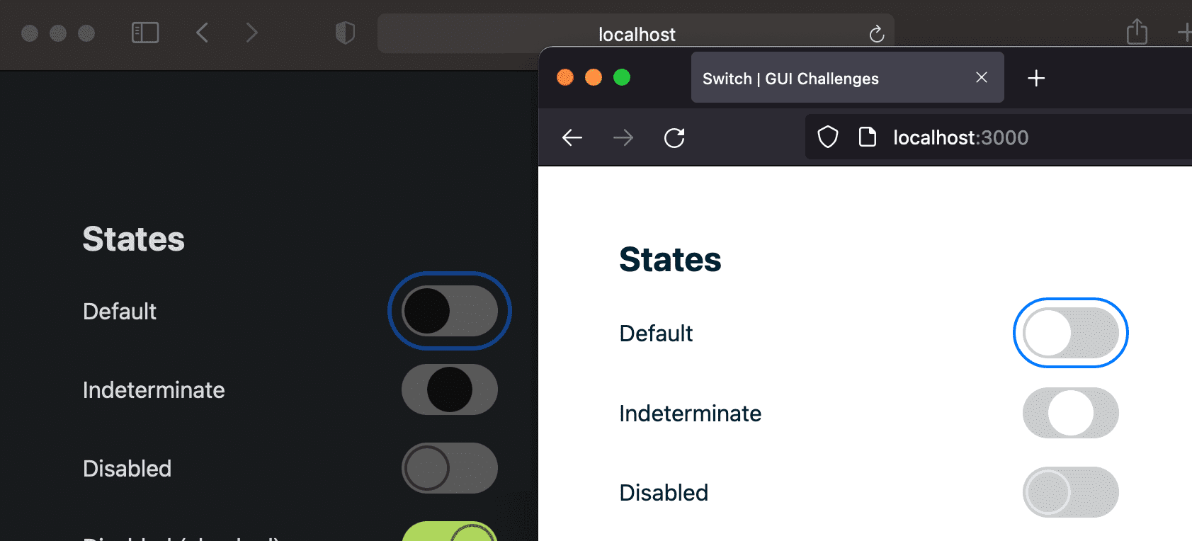 Zrzut ekranu z pierścieniem fokusu skupionym na przełączniku w Firefox i Safari.