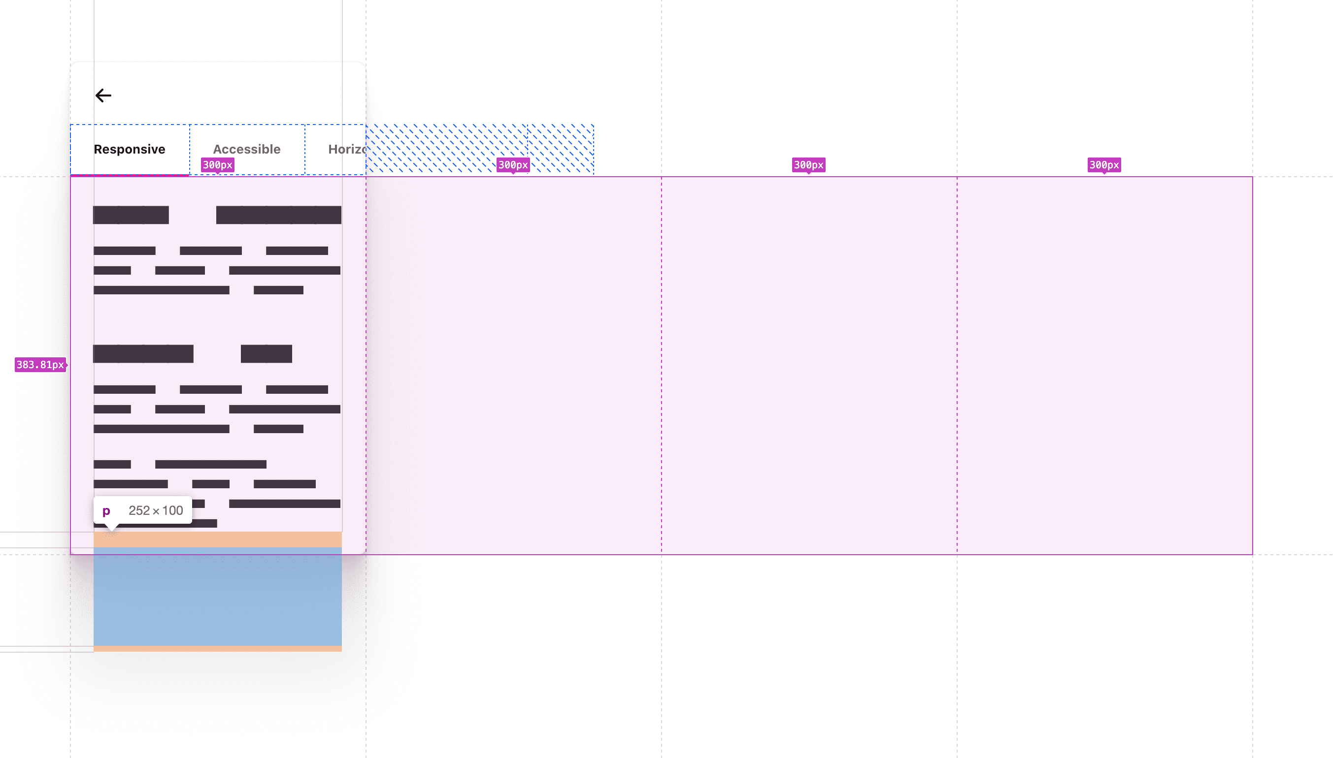 las áreas de desplazamiento tienen superposiciones de herramientas de cuadrícula y flexbox, que describen el espacio que ocupan en el componente y la dirección en la que se desbordan