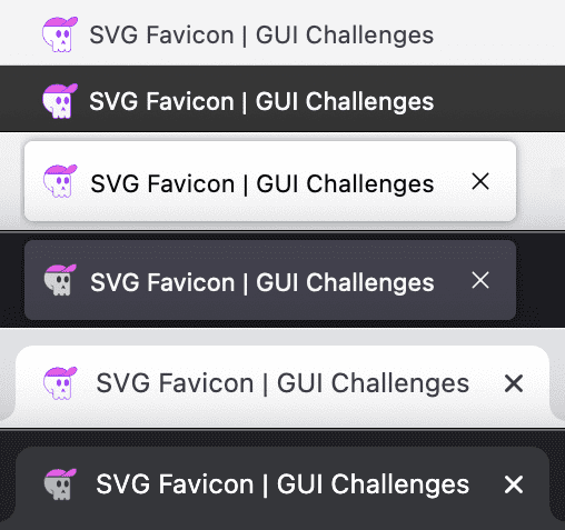 Onglets clairs et sombres dans chaque navigateur, offrant une vue d&#39;ensemble de l&#39;icône adaptative de haut en bas : Safari, Firefox et Chrome.