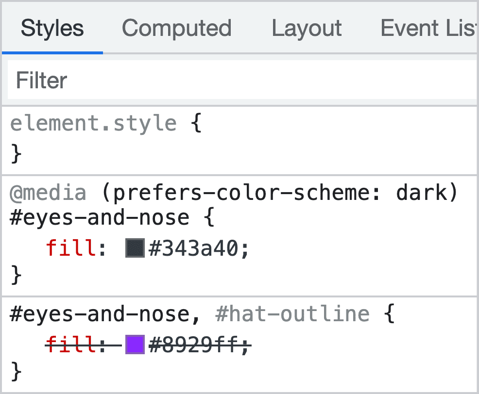 Koyu tema medya sorgusunun, SVG&#39;nin göz ve burunlarının dolgu renginin üzerine yazdığını gösteren DevTools ekran görüntüsü.