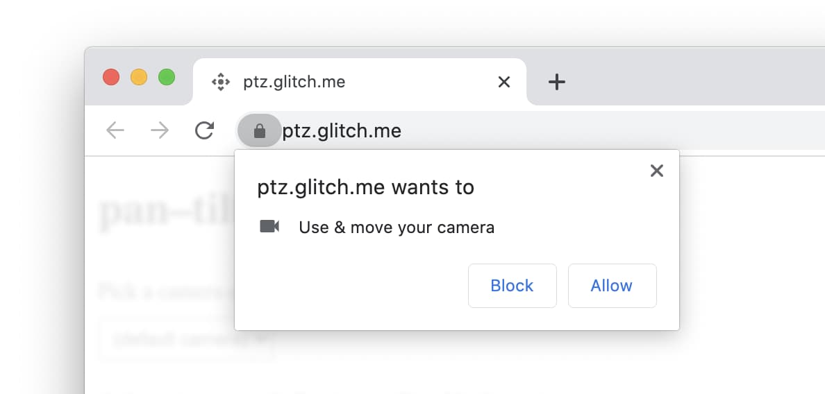 Captura de tela de uma solicitação do usuário de PTZ da câmera no Chrome para macOS.