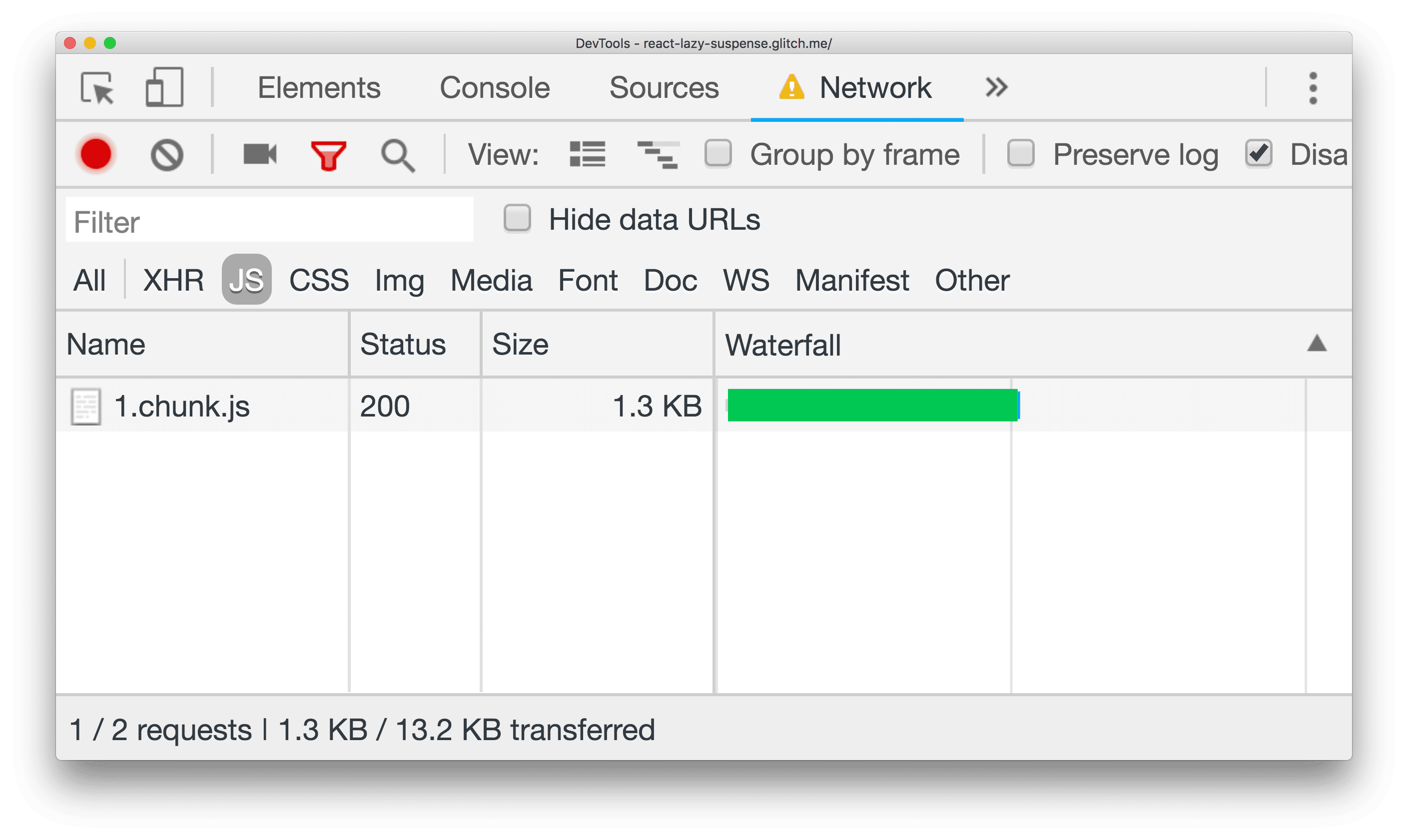 1 つの chunk.js ファイルがダウンロードされていることを示す DevTools のネットワーク パネル