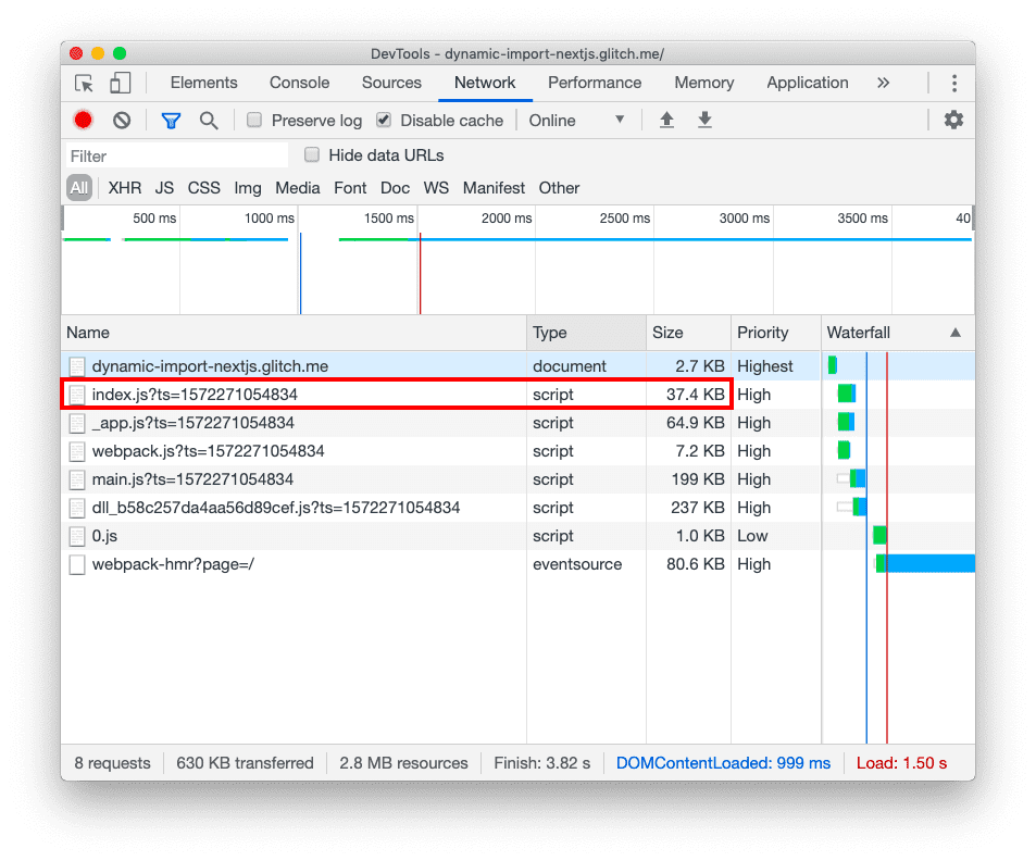 동일한 6개의 JavaScript 파일을 보여주는 DevTools 네트워크. 단, index.js가 0.5KB 더 작습니다.