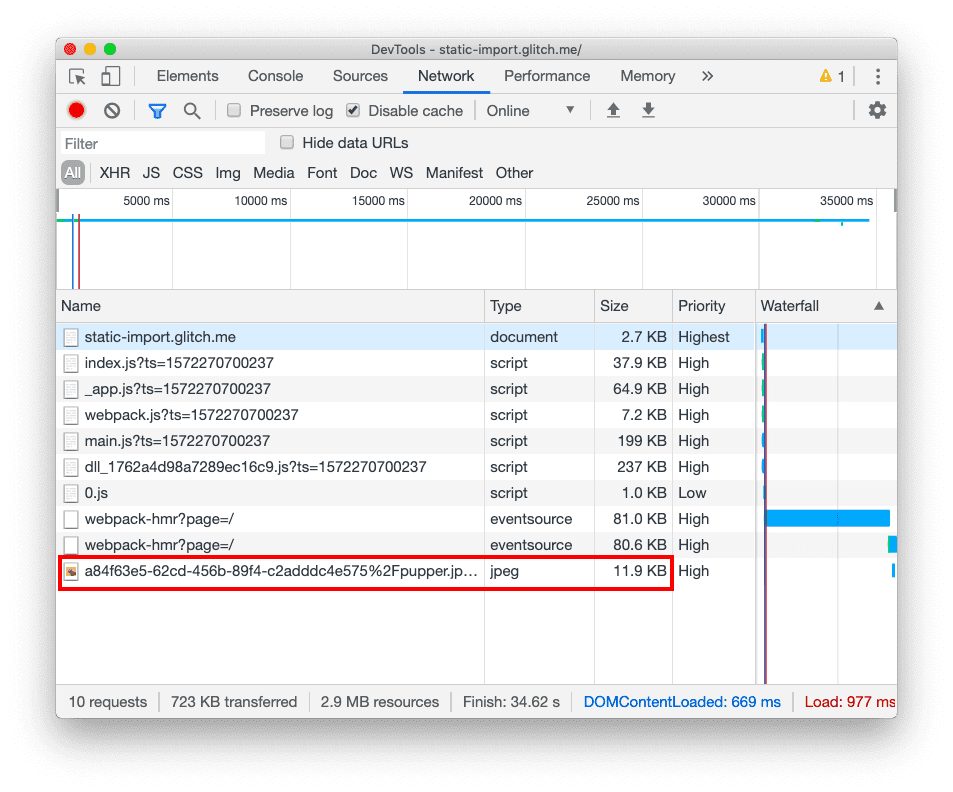 Der Tab „Netzwerk“ in den DevTools nach dem Klicken auf die Schaltfläche, mit denselben sechs JavaScript-Dateien und einem Bild.