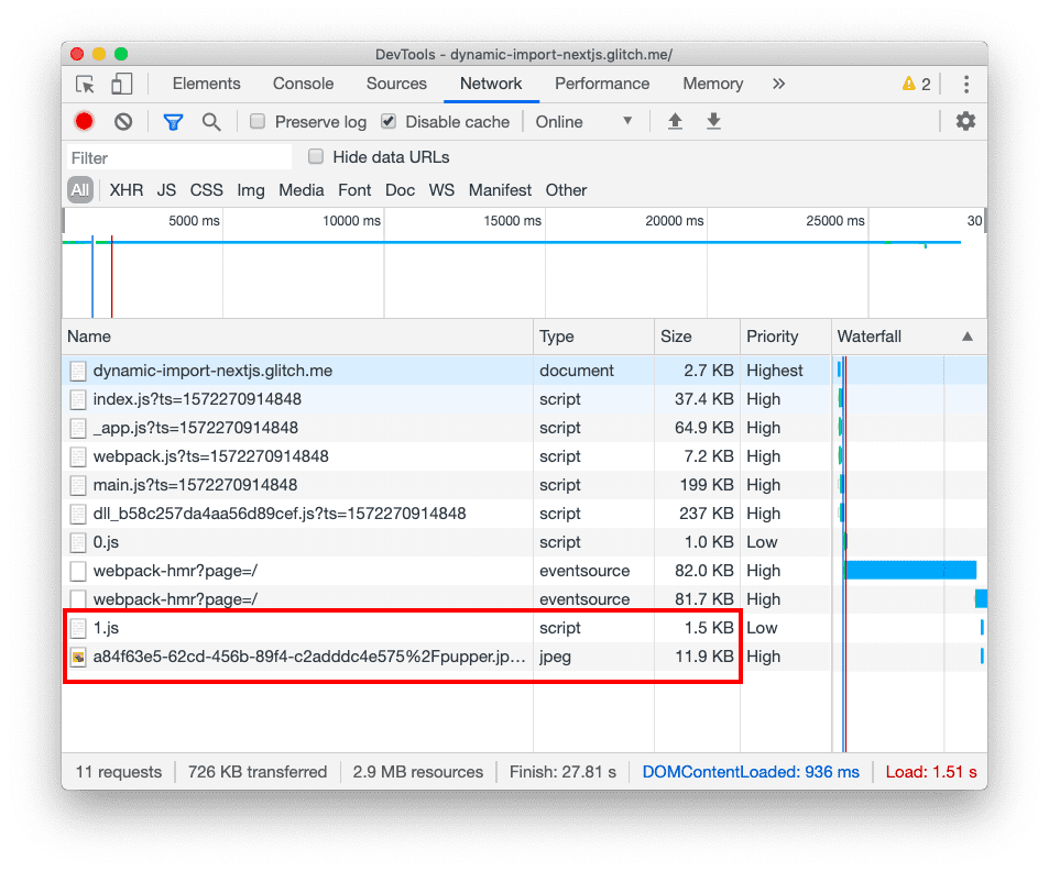 Der Tab „Netzwerk“ in den DevTools nach dem Klicken auf die Schaltfläche. Die zusätzliche Datei „1.js“ und das Bild sind unten in der Dateiliste zu sehen.