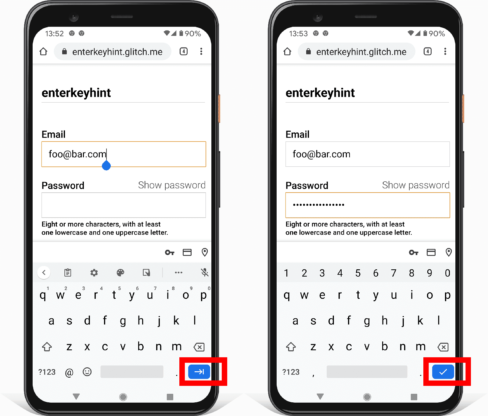 Zwei Screenshots eines Formulars auf Android-Geräten, die zeigen, wie sich das Eingabeattribut „enterkeyhint“ auf das Symbol der Eingabetaste auswirkt.