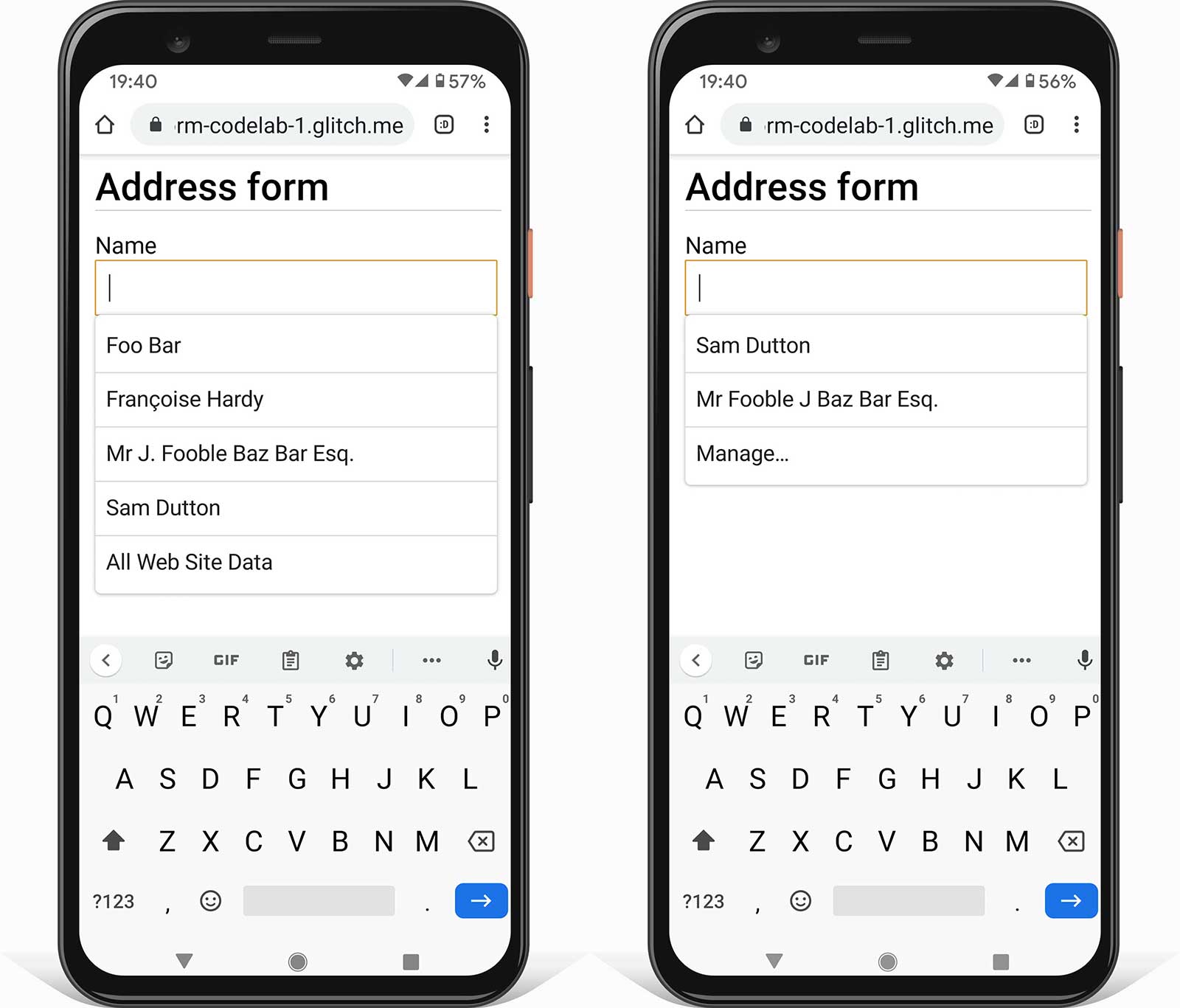 Dua screenshot Chrome di ponsel Android yang menampilkan formulir dengan satu input, dengan dan tanpa nilai pelengkapan otomatis. Satu menampilkan UI browser yang secara heuristik menyarankan nilai; yang lain menampilkan UI saat ada nilai pelengkapan otomatis yang disimpan.