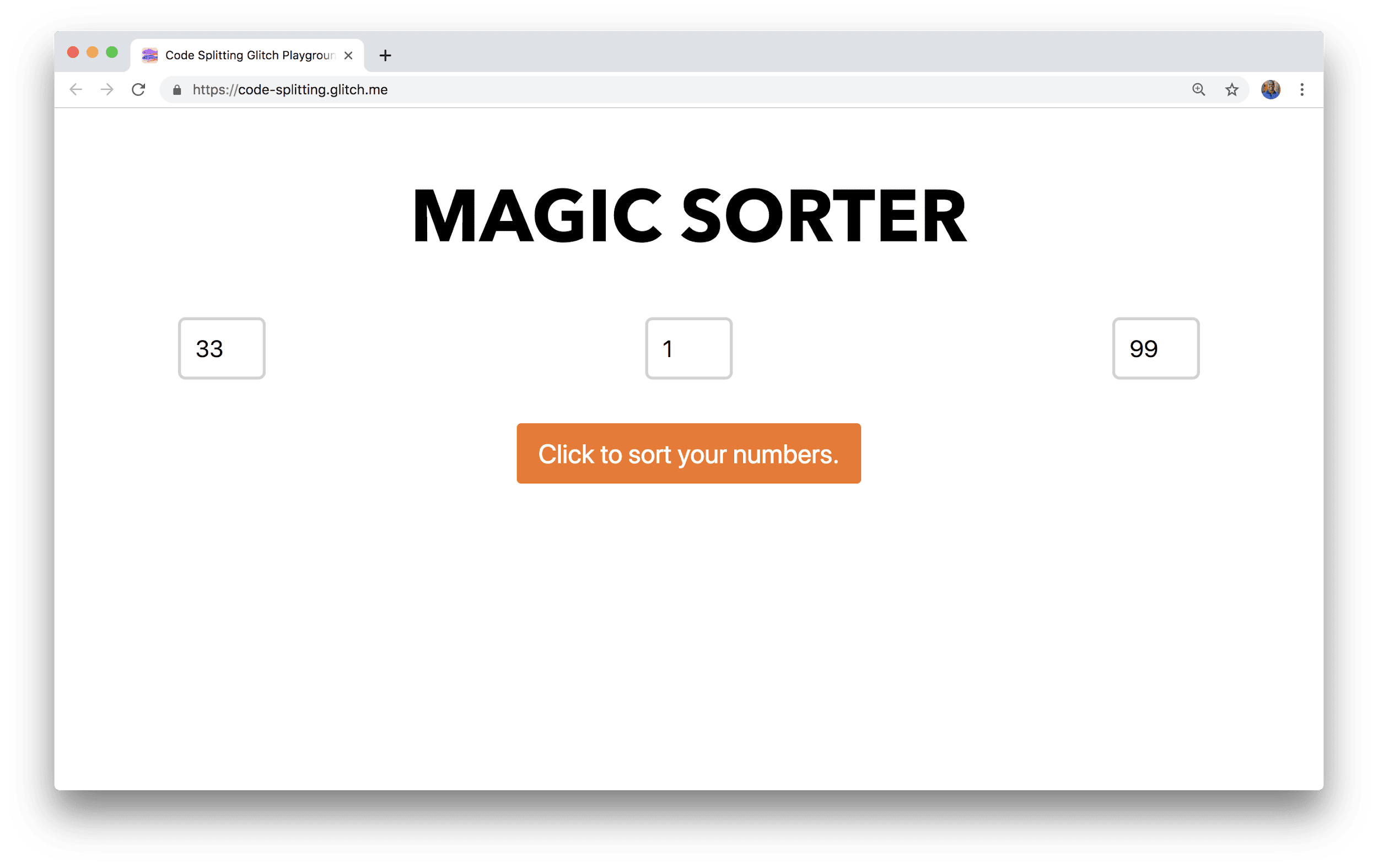 Une fenêtre de navigateur affiche une application intitulée &quot;Magic Sorter&quot; (Tri magique) avec trois champs de saisie de nombres et un bouton de tri.