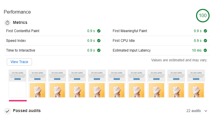 Audit Lighthouse montrant un score de performances de 100, un FCP de 0,9 seconde et une vue améliorée du chargement de l&#39;application