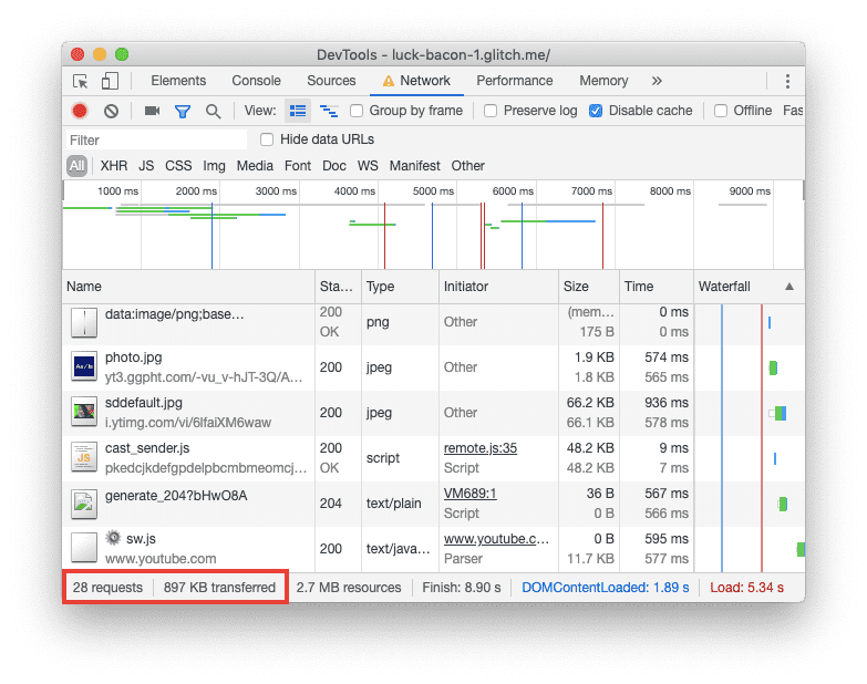 Ảnh chụp màn hình của bảng điều khiển Mạng trong DevTools.