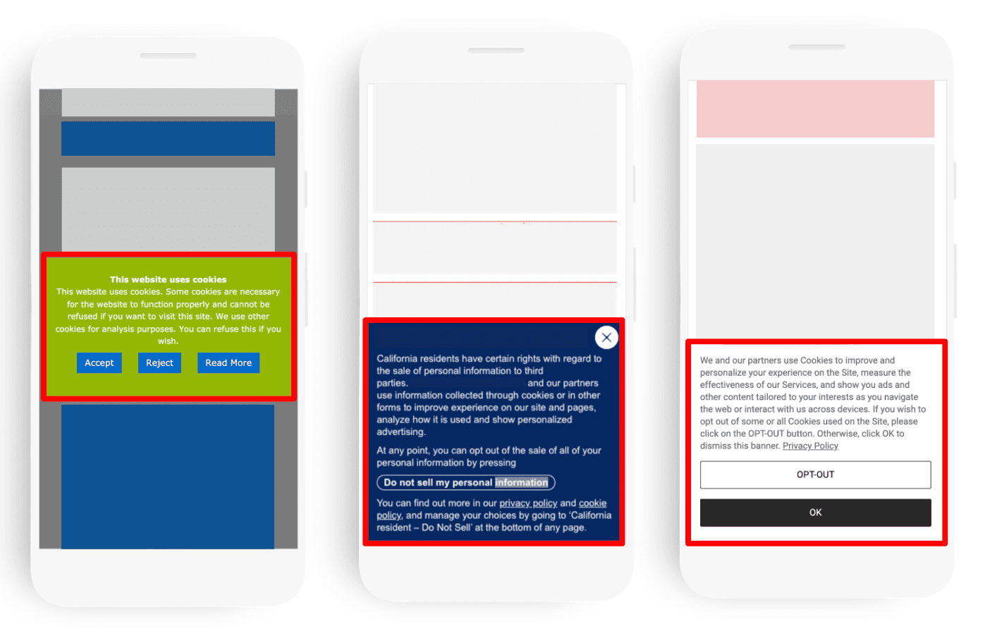 Diagramma che mostra esempi di informative sui cookie con alcune possibilità di configurazione dei cookie