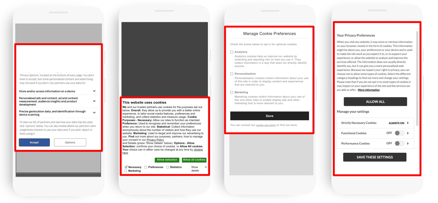 Diagram przedstawiający przykłady powiadomień o plikach cookie z pełną konfiguracją plików cookie