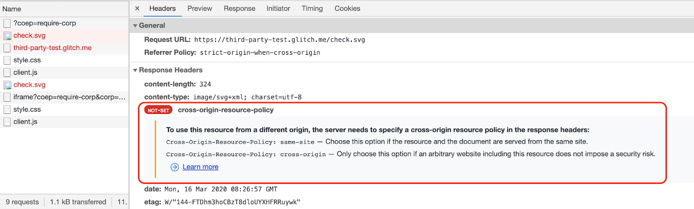 在「Network」面板中按一下網路資源後，就會在「Headers」分頁中顯示 COEP 問題的詳細資料。