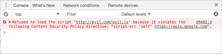 Error de consola: No se cargó la secuencia de comandos &quot;http://evil.example.com/evil.js&quot; porque incumple la siguiente directiva de la Política de seguridad de contenido: script-src &quot;self&quot; https://apis.google.com