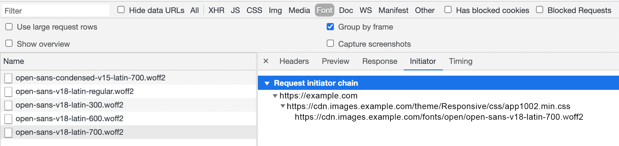 Captura de tela da guia &quot;Initiator&quot; no DevTools