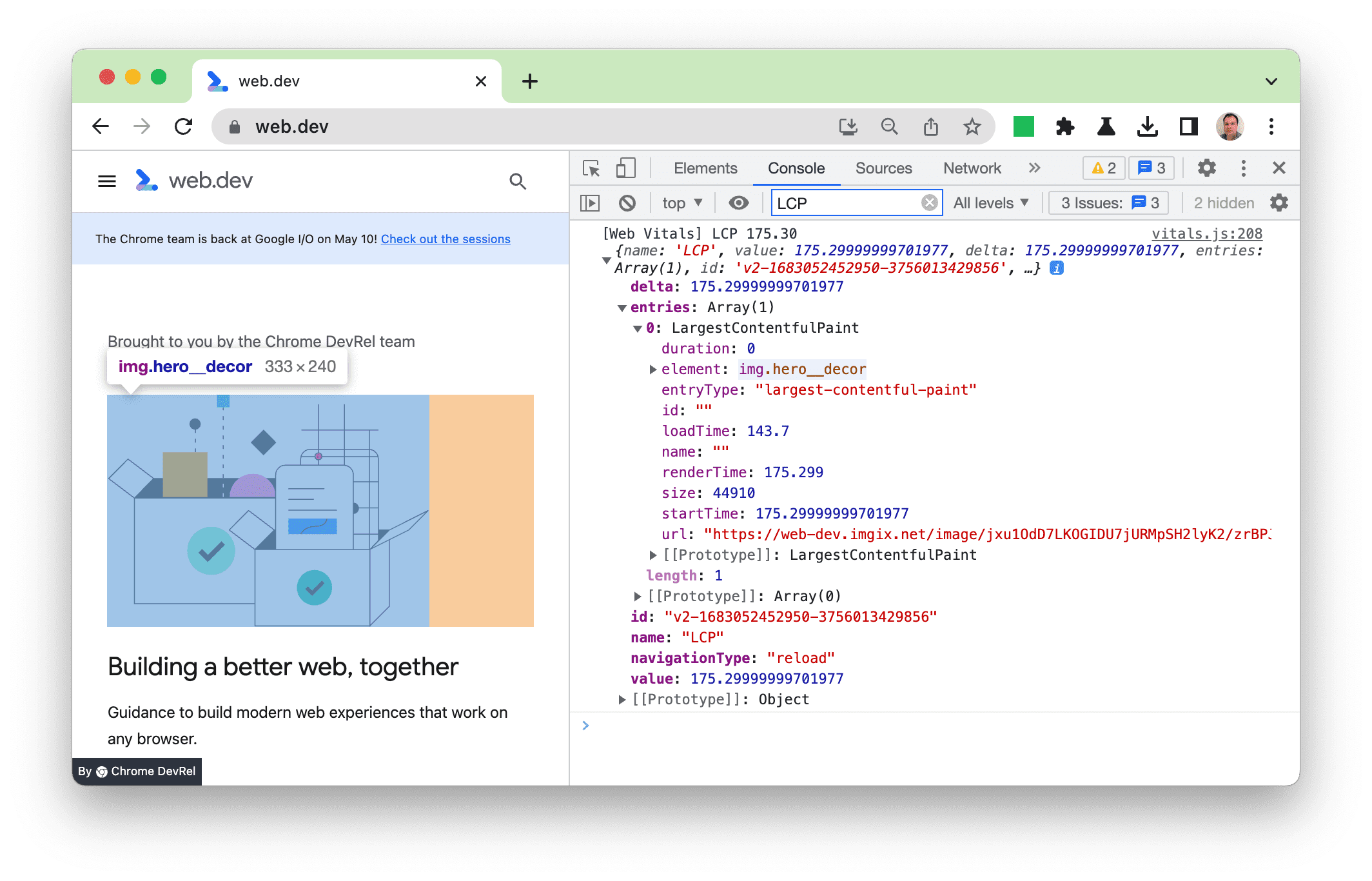 Web Vitals Extension old console logging with element highlighting