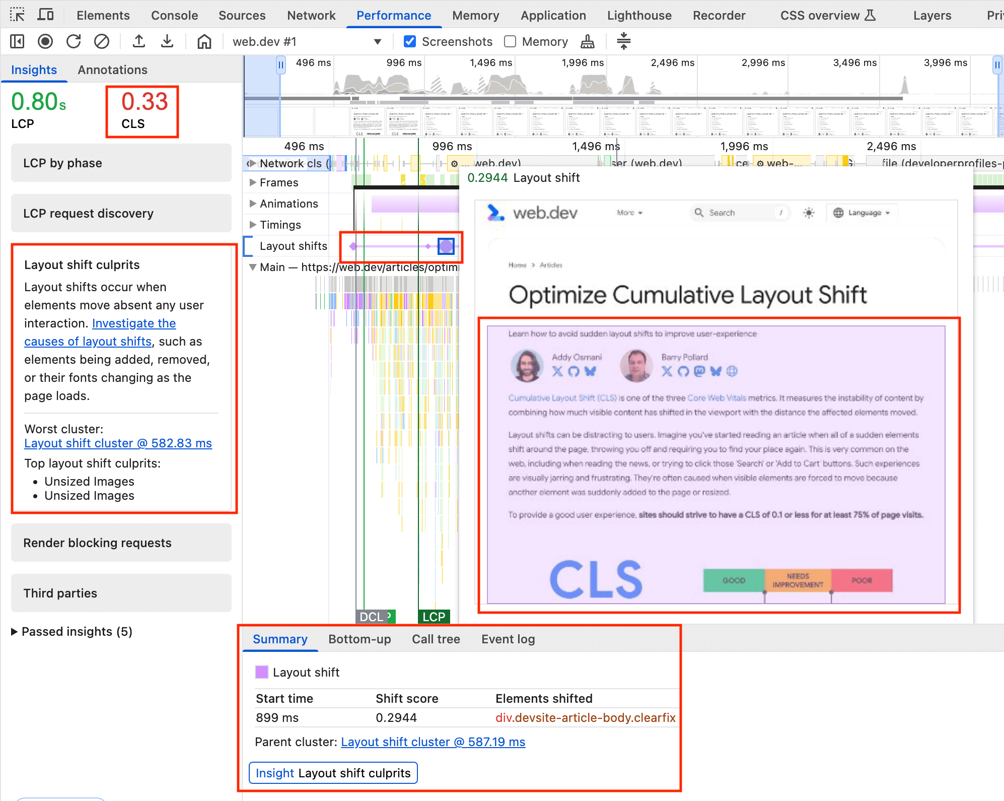 Layout-Shift-Einträge, die im Chrome DevTools-Bereich „Leistung“ angezeigt werden