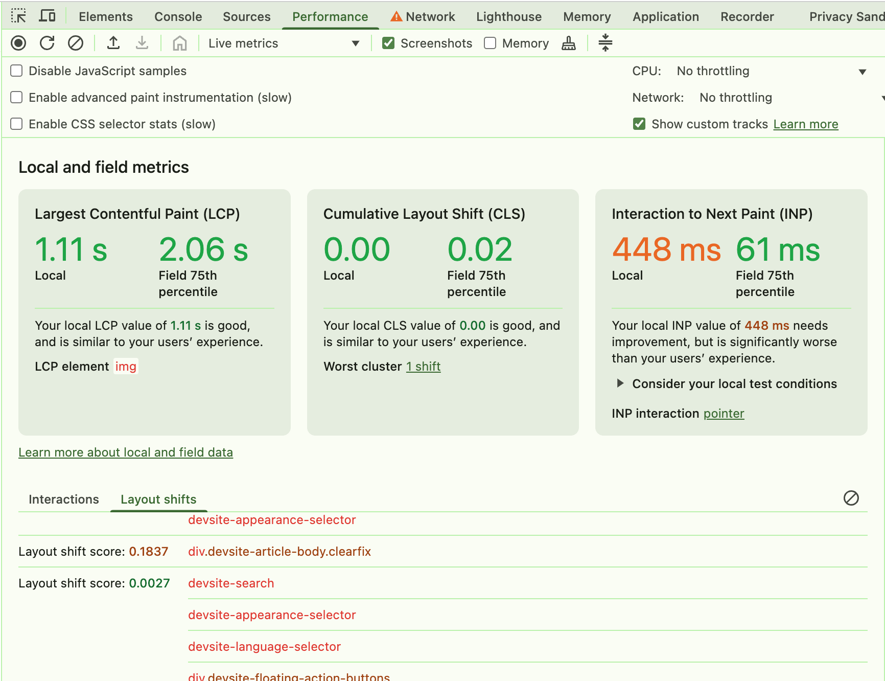 سوابق Layout Shift در صفحه معیارهای زنده پانل عملکرد Chrome DevTools نمایش داده می شود.