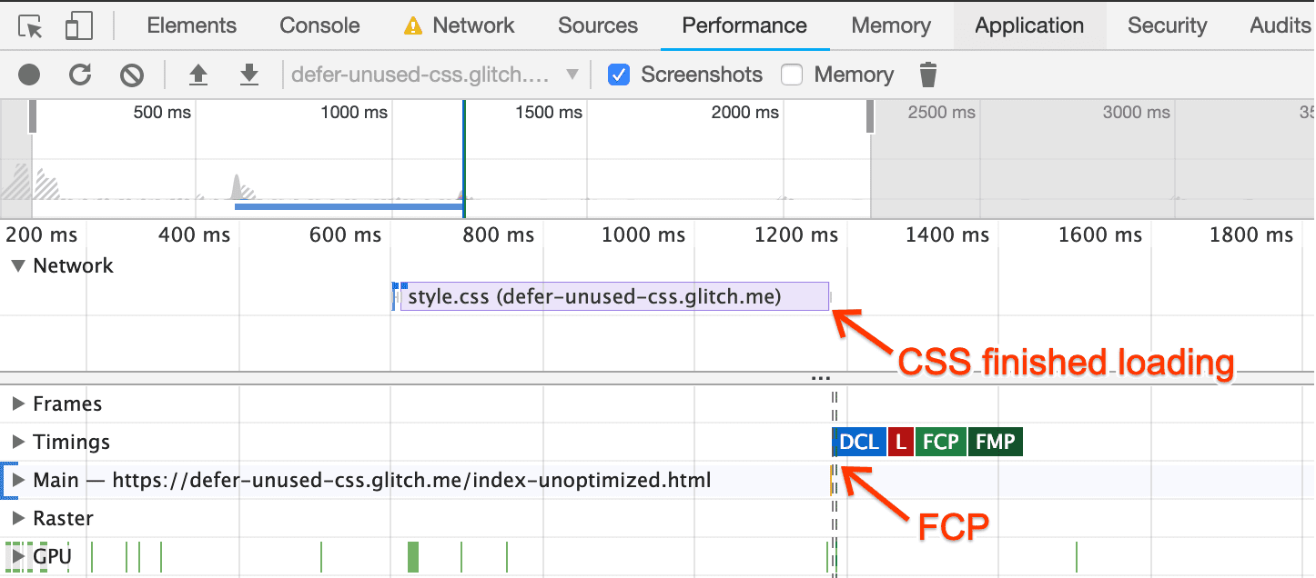 Rekaman aktivitas performa DevTools untuk halaman yang tidak dioptimalkan, yang menampilkan FCP yang dimulai setelah CSS dimuat.