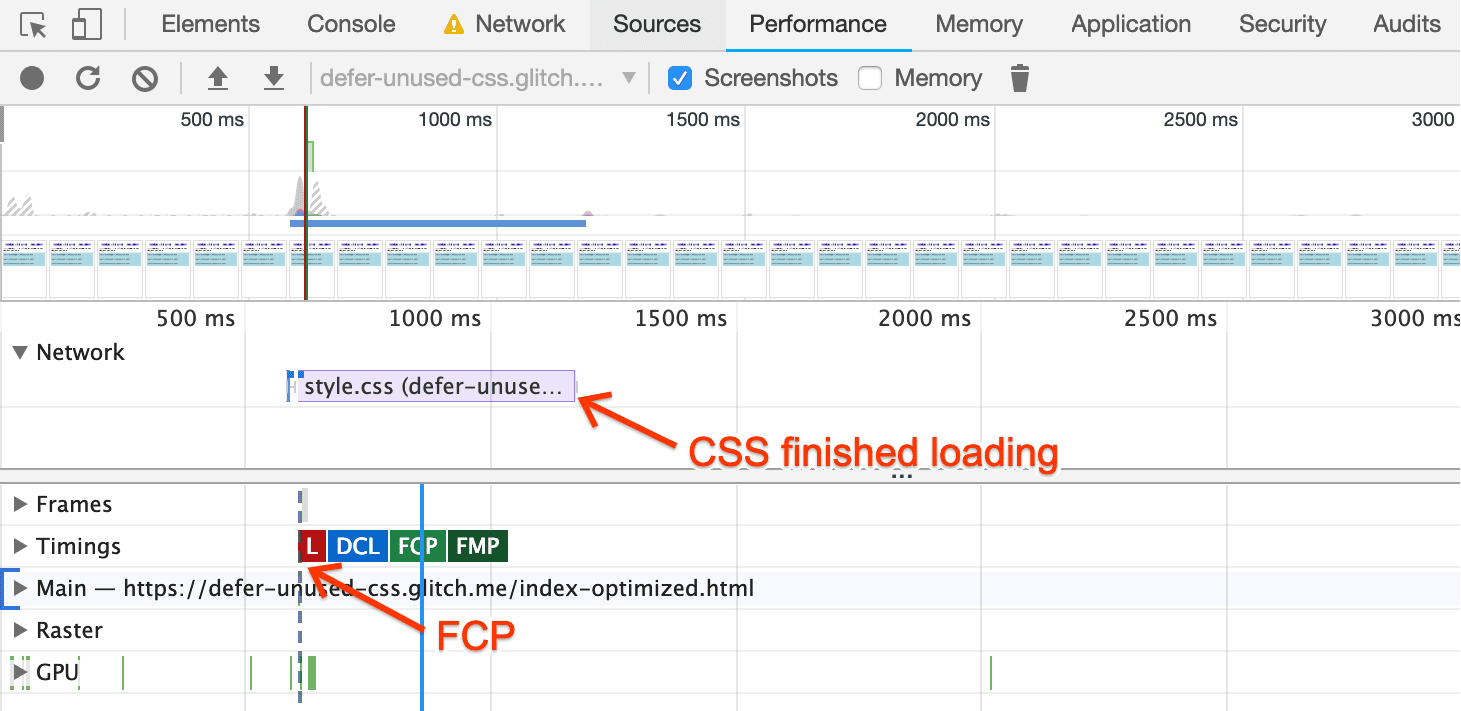 CSS가 로드되기 전에 시작된 FCP를 보여주는 최적화된 페이지의 DevTools 성능 트레이스