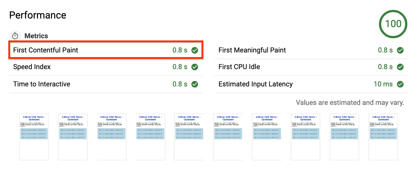 تقرير Lighthouse يعرض قيمة FCP‏ &quot;0.8 ثانية&quot;