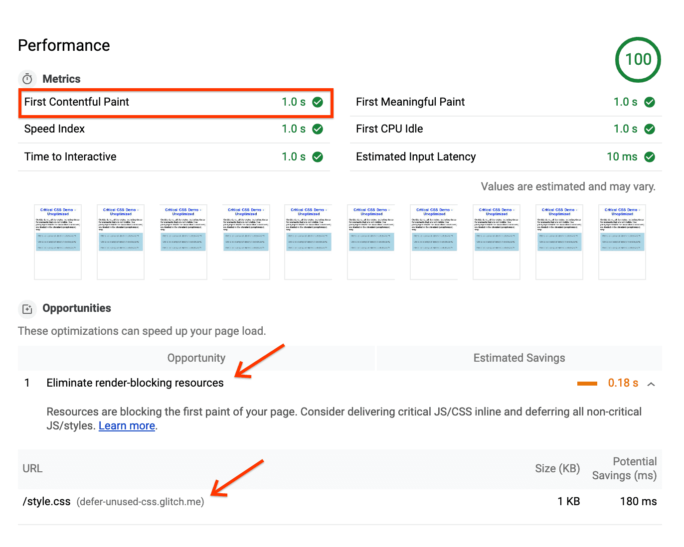 未經最佳化的網頁 Lighthouse 報表，顯示「Opportunities」下方的「1 秒」FCP 和「Eliminate blocking resources」