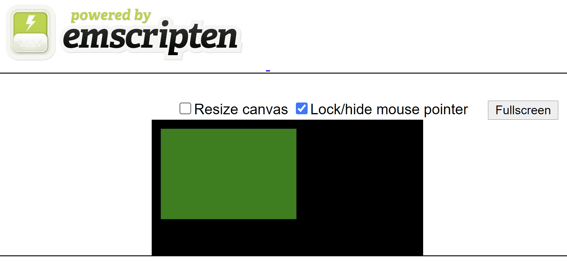 Halaman HTML yang dibuat Emscripten menampilkan persegi panjang hijau pada kanvas hitam.