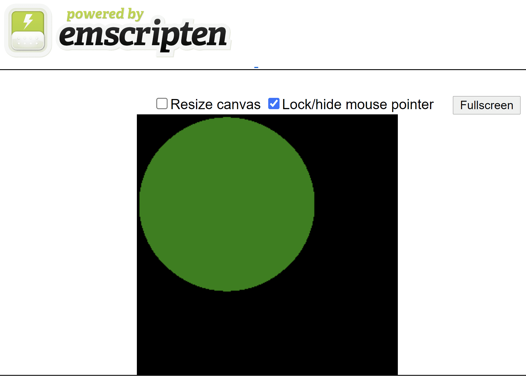 Von Emscripten generierte HTML-Seite mit einem grünen Kreis auf einem schwarzen quadratischen Canvas.